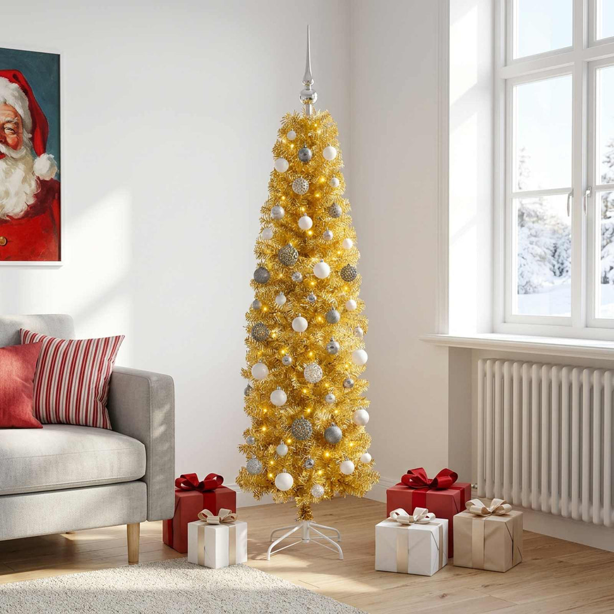 vidaXL Artificial Slim Christmas Tree with Bauble 180 cm 300 LEDs 3