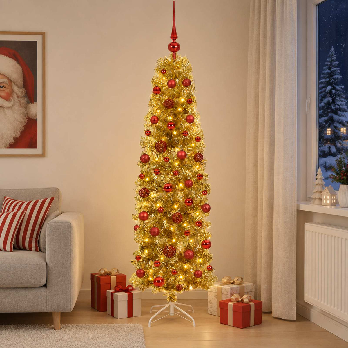vidaXL Artificial Slim Christmas Tree with Bauble 180 cm 300 LEDs 1