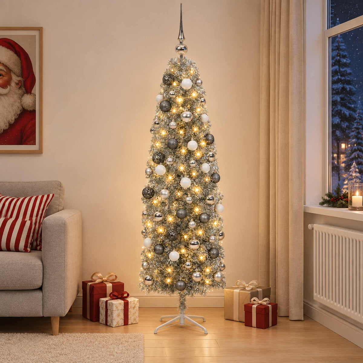 vidaXL Artificial Slim Christmas Tree with Bauble 180 cm 300 LEDs 1