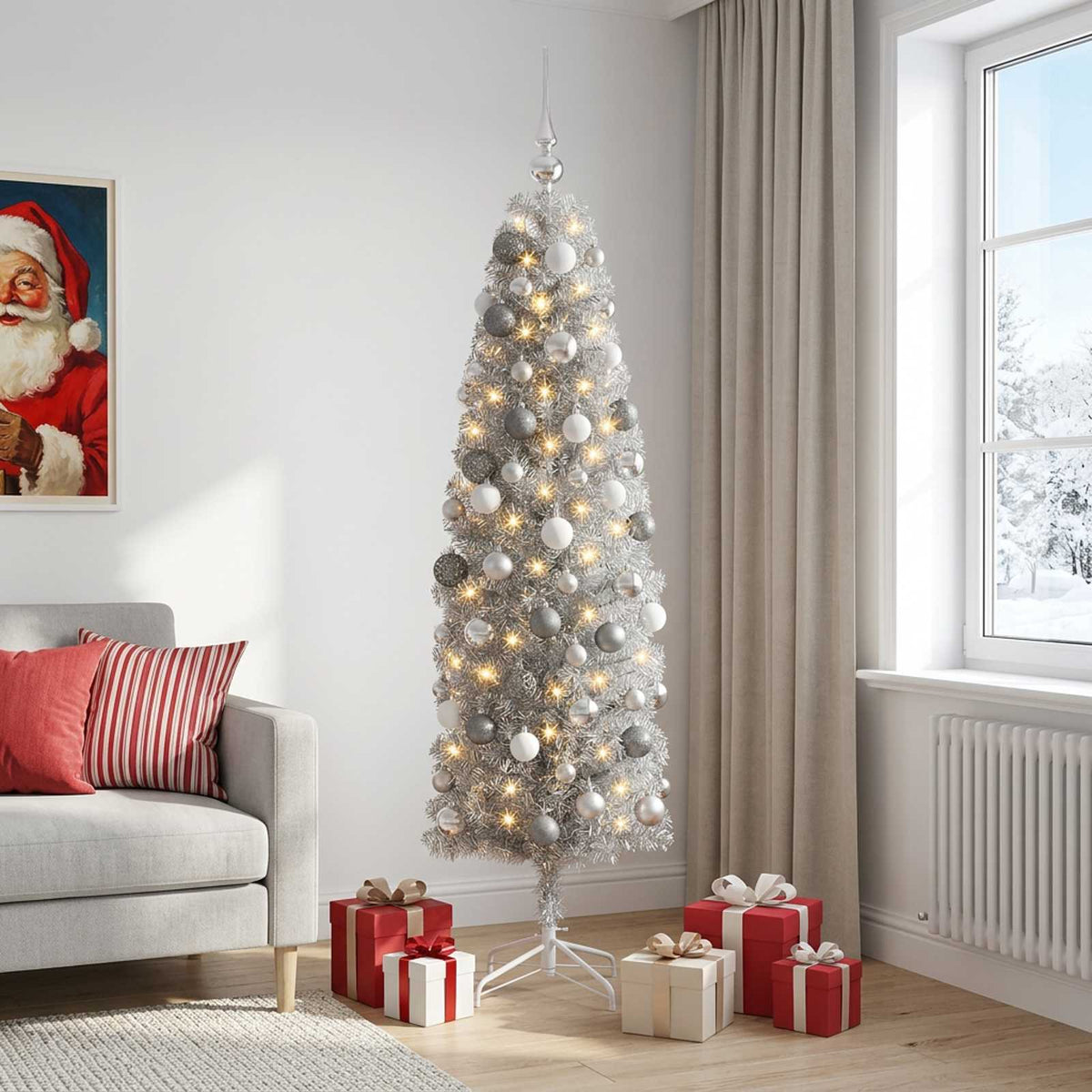 vidaXL Artificial Slim Christmas Tree with Bauble 180 cm 300 LEDs 3