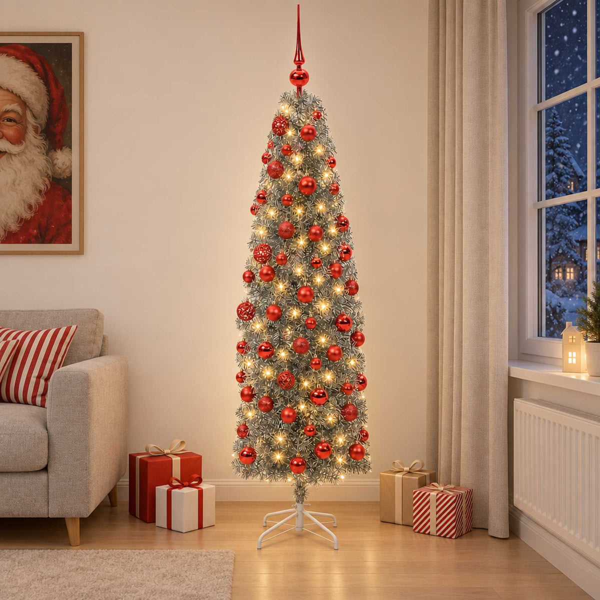 vidaXL Artificial Slim Christmas Tree with Bauble 180 cm 300 LEDs 1
