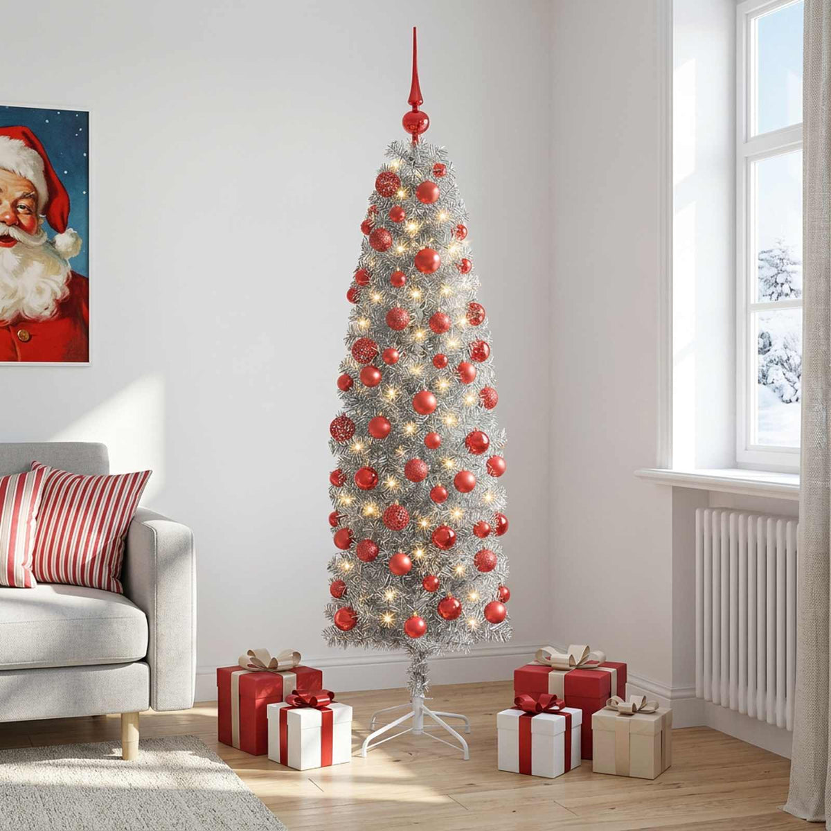 vidaXL Artificial Slim Christmas Tree with Bauble 180 cm 300 LEDs 3