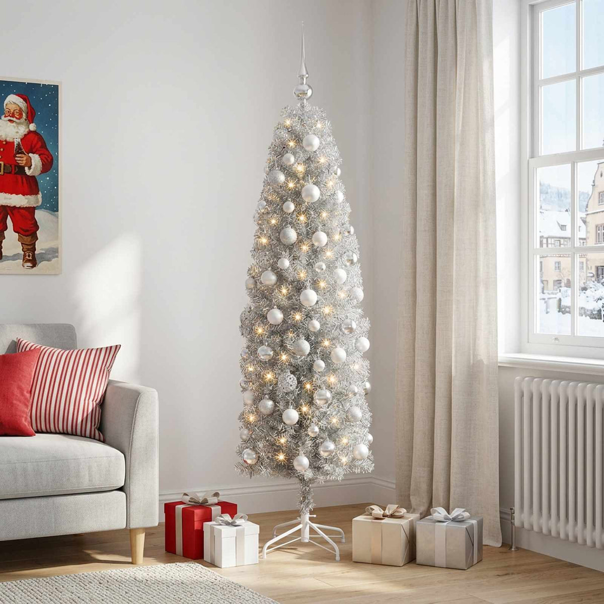 vidaXL Artificial Slim Christmas Tree with Bauble 180 cm 300 LEDs 3
