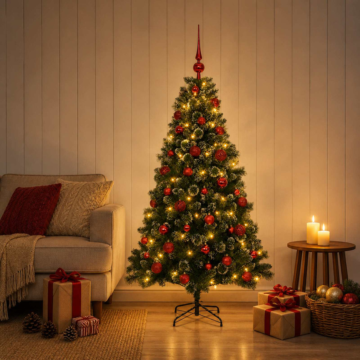 Artificial Christmas Tree with Bauble 150 LEDs 120 cm with LEDs & red balls
