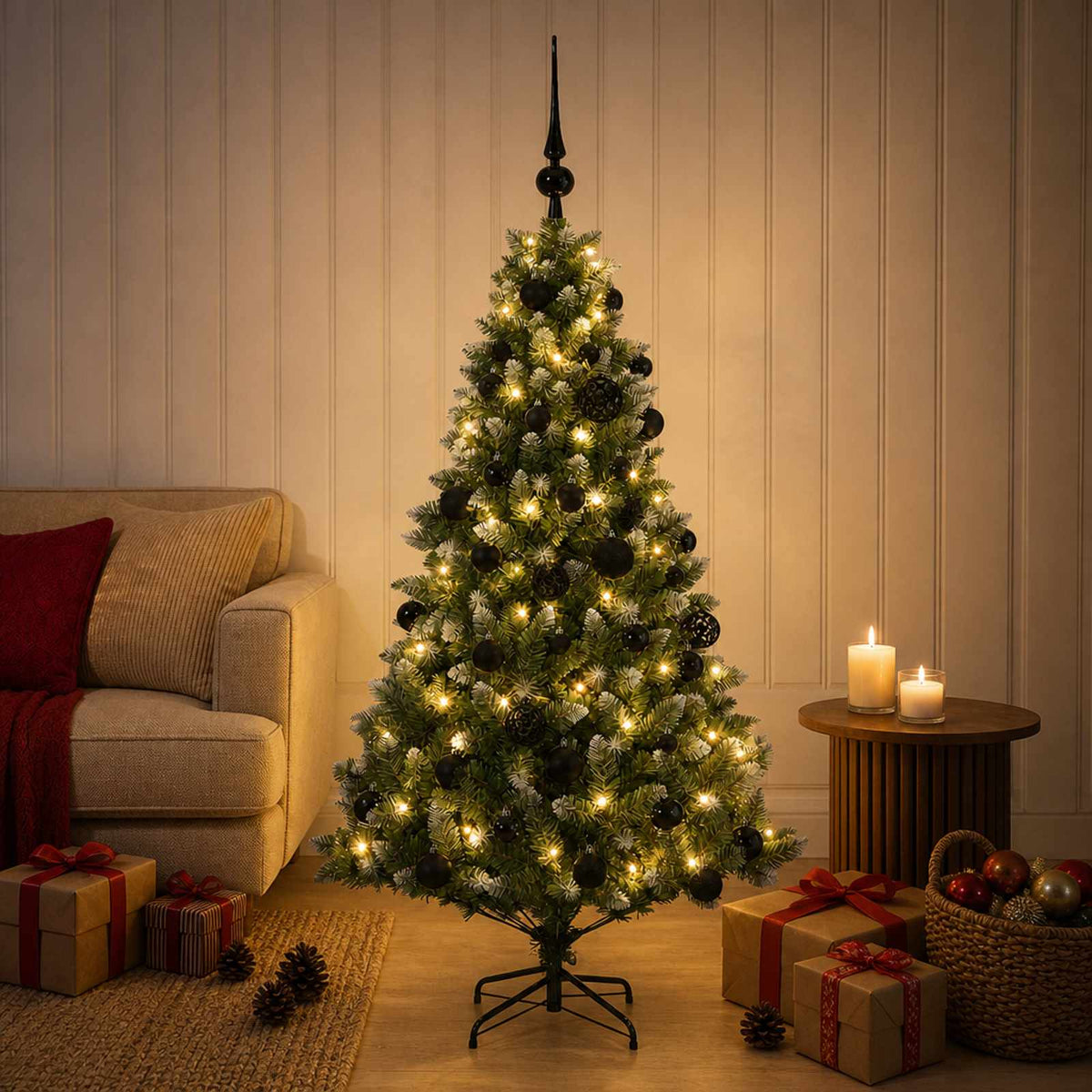 Artificial Christmas Tree with Bauble 150 LEDs 120 cm with LEDs & black balls