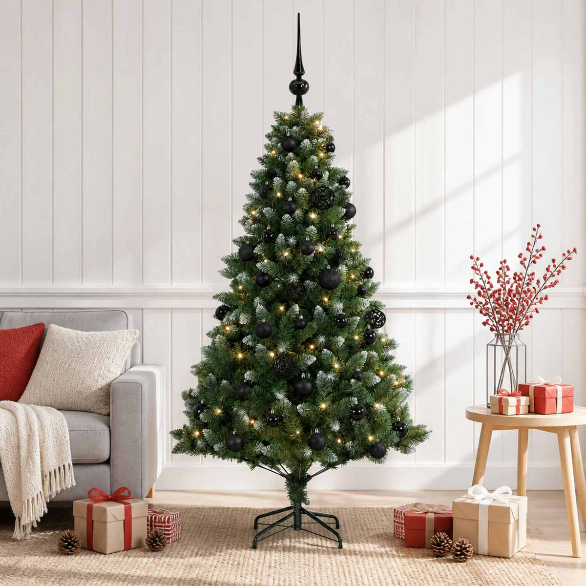 Artificial Christmas Tree with Bauble 150 LEDs 120 cm with LEDs & black balls