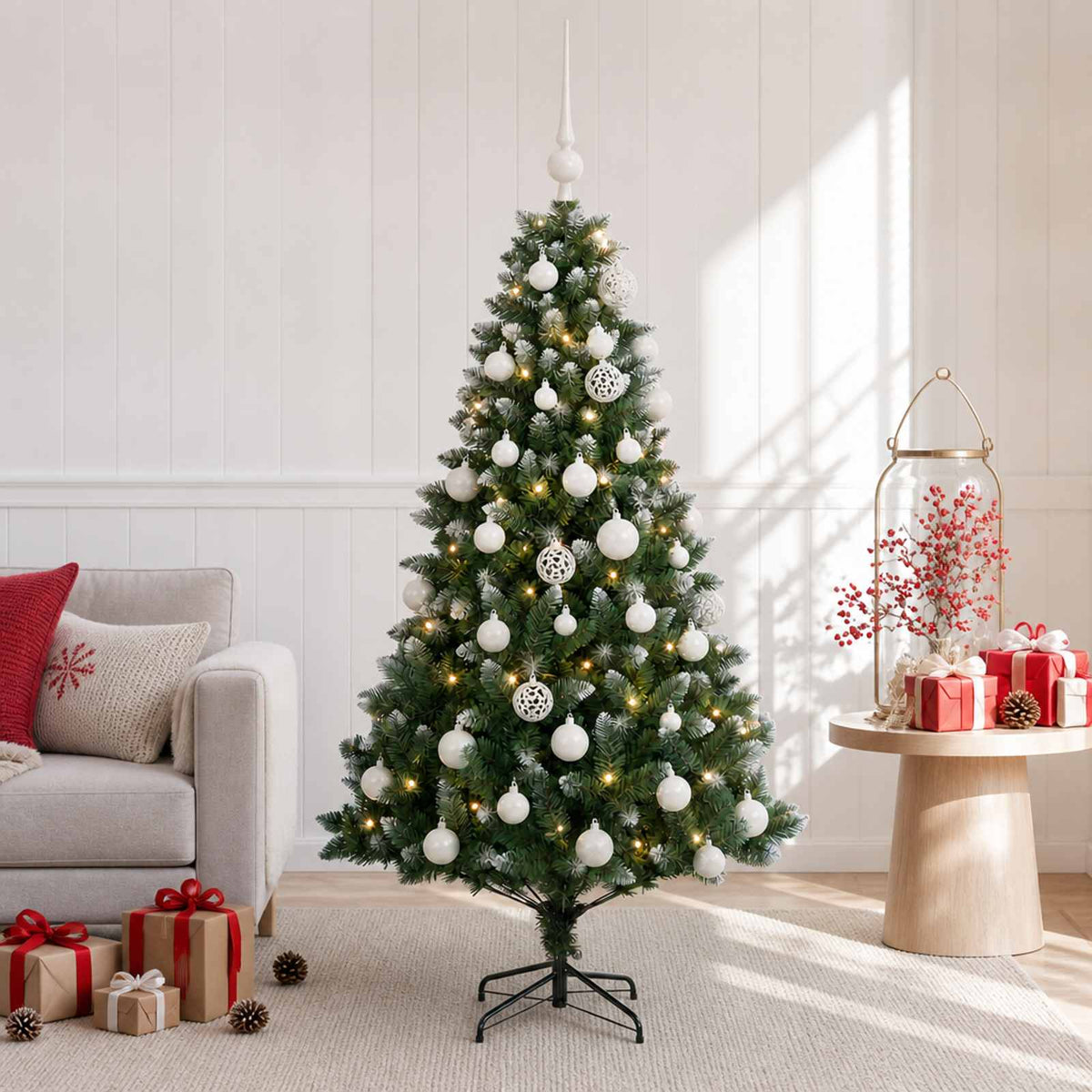 Artificial Christmas Tree with Bauble 150 LEDs 120 cm with LEDs & white balls