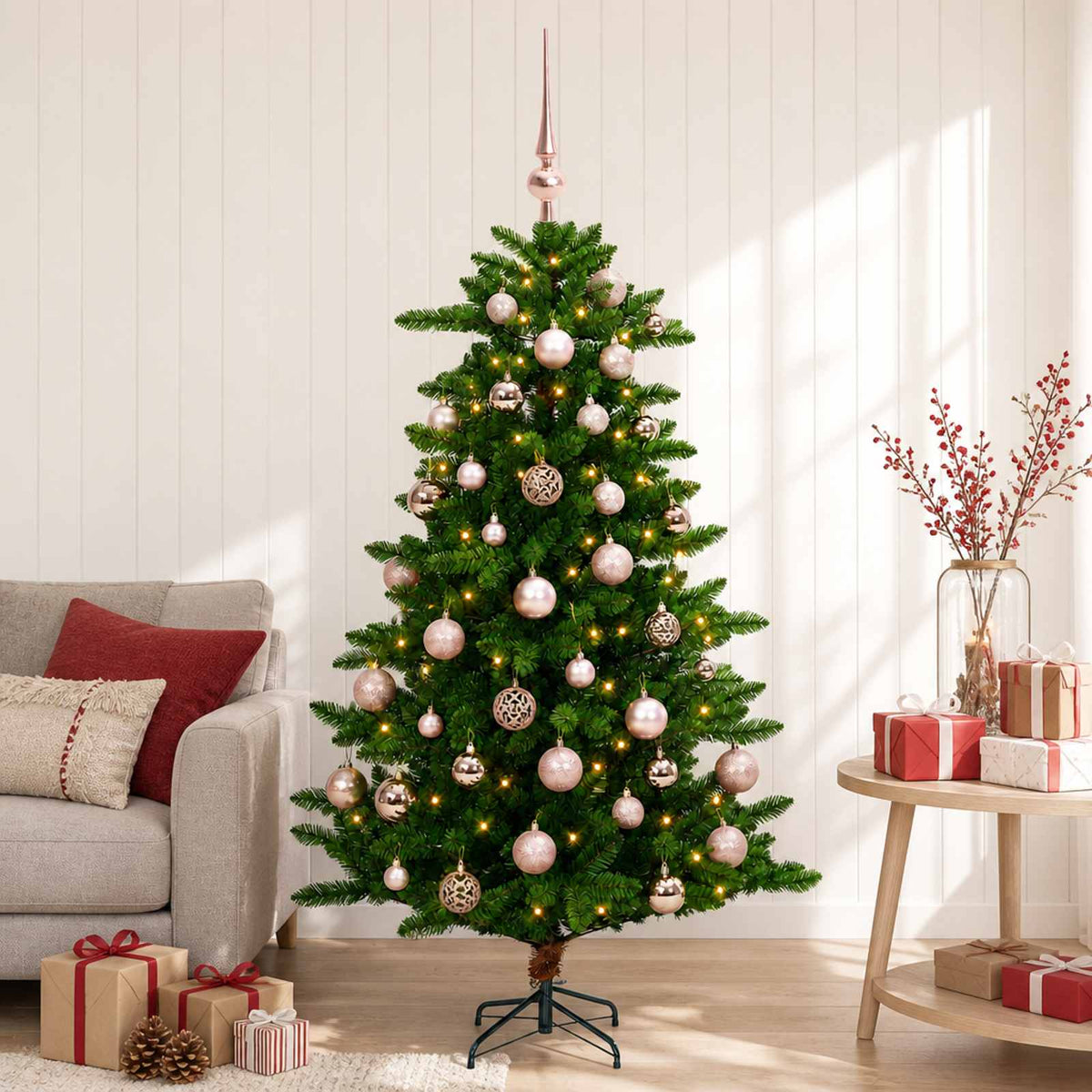 Artificial Christmas Tree with Bauble 150 LEDs 120 cm with LEDs & pink balls