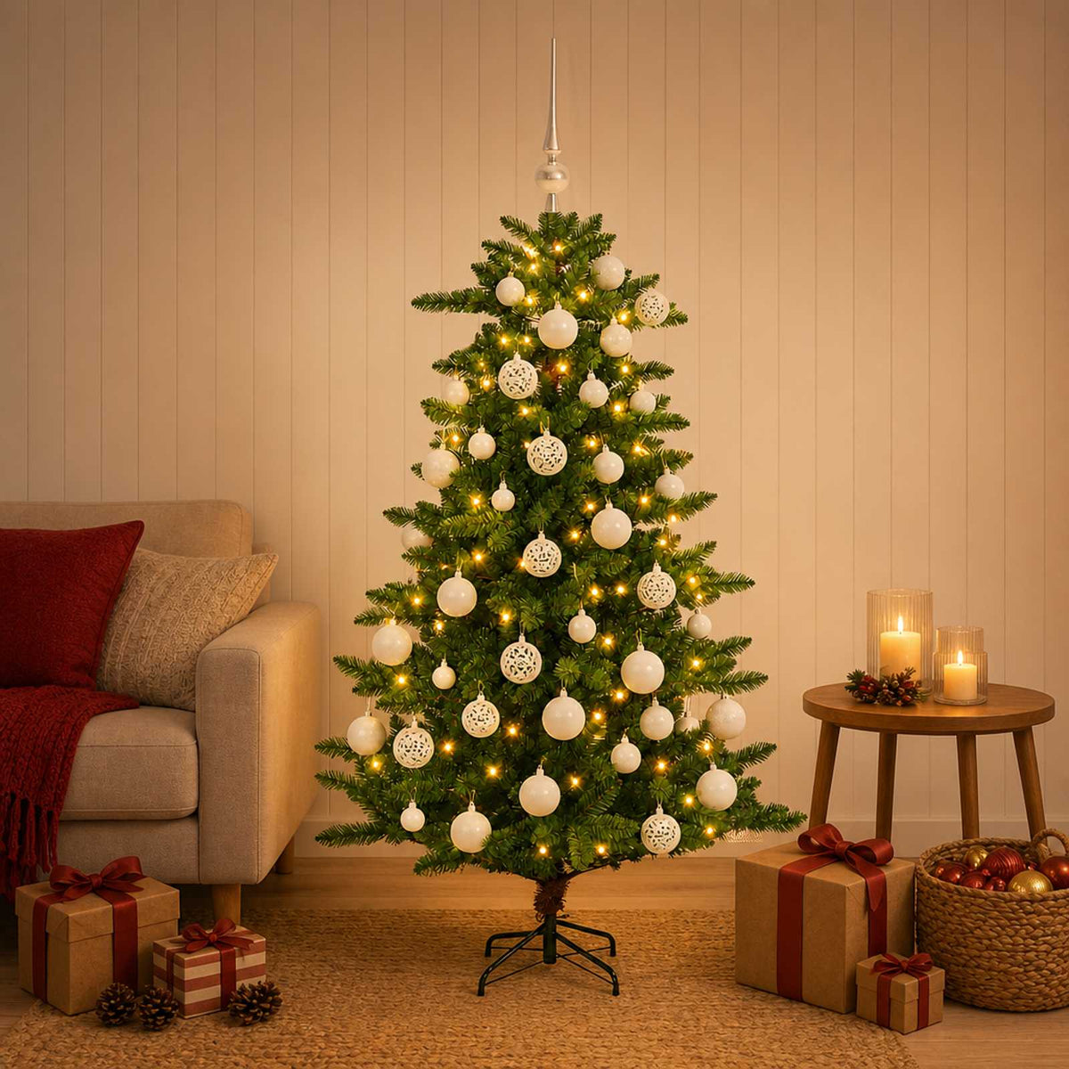 Artificial Christmas Tree with Bauble 150 LEDs 120 cm with LEDs & white balls