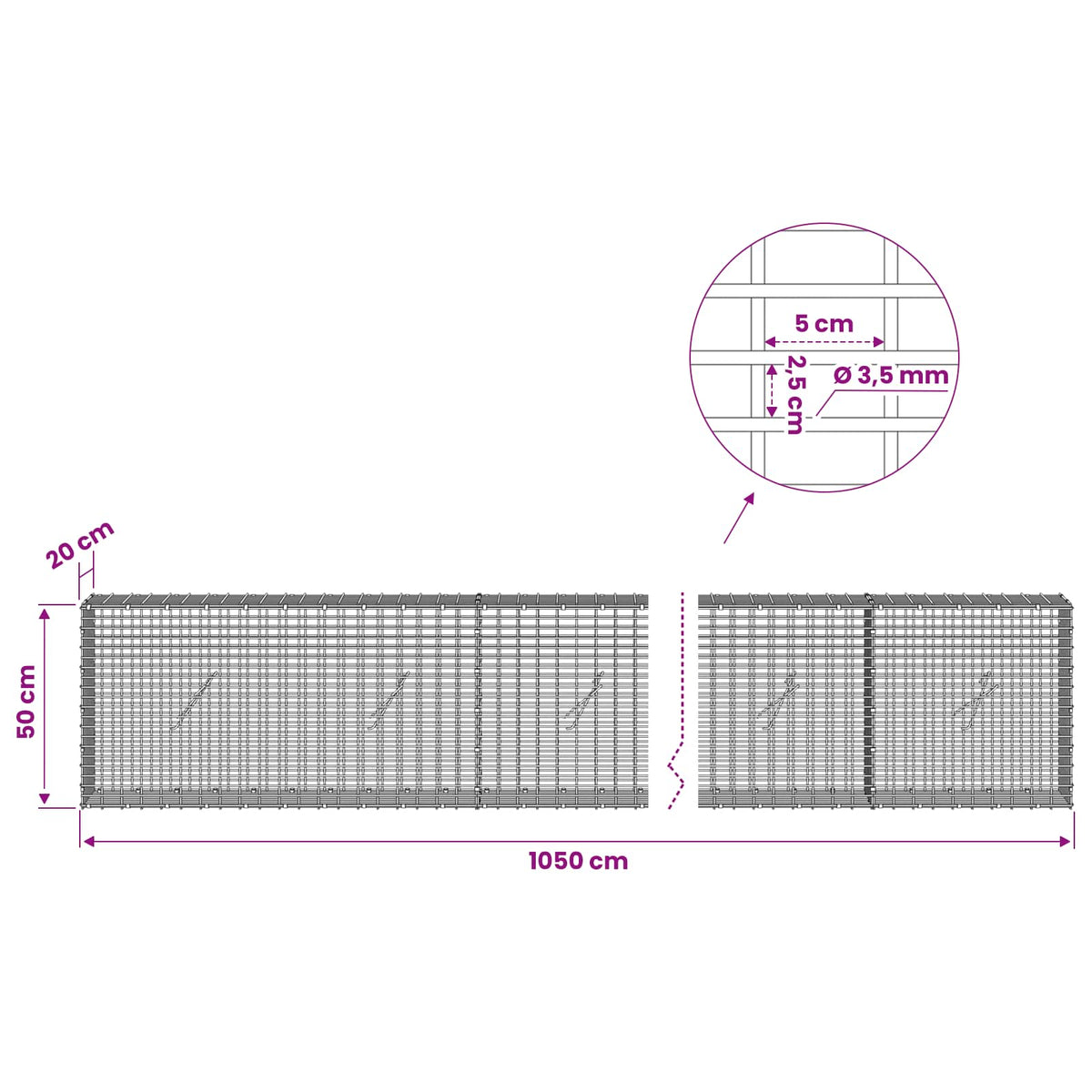 Gabion with 3.5 mm Wire and 5x2.5 cm Mesh 1050x20x50 cm 1050 cm
