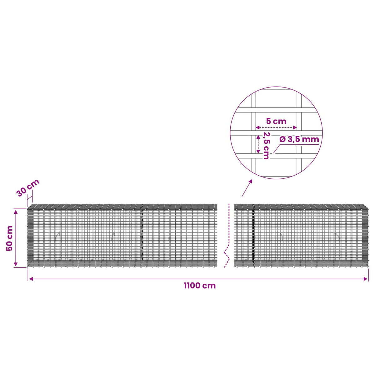 Gabion with 3.5 mm Wire and 5x2.5 cm Mesh 1050x30x50 cm 1100 cm