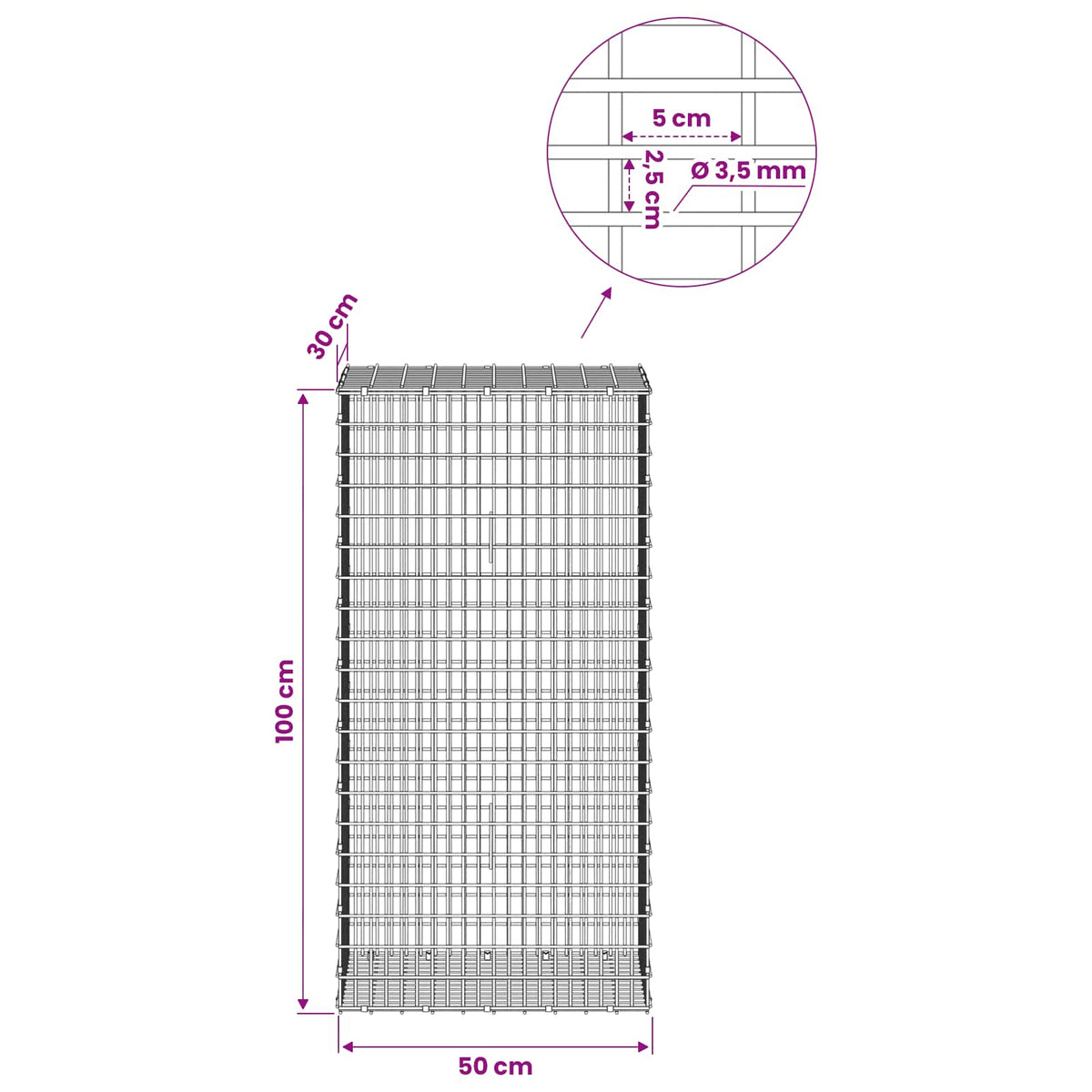 Gabion with 3.5 mm Wire and 5x2.5 cm Mesh 50x30x100 cm 50 cm