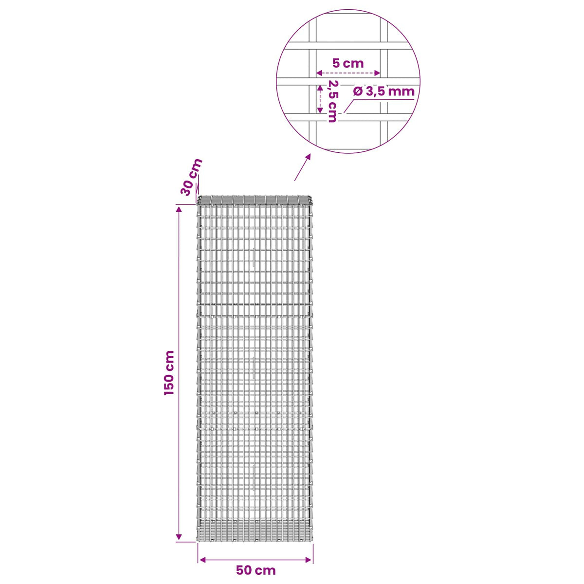 Gabion with 3.5 mm Wire and 5x2.5 cm Mesh 50x30x150 cm 50 cm