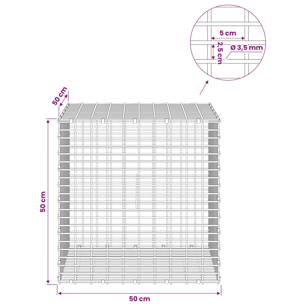 vidaXL Gabion with 3.5 mm Wire and 5x2.5 cm Mesh 50x50x50 cm 6