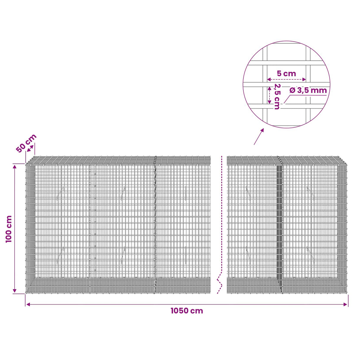 Gabion with 3.5 mm Wire and 5x2.5 cm Mesh 1050x50x100 cm 1050 cm