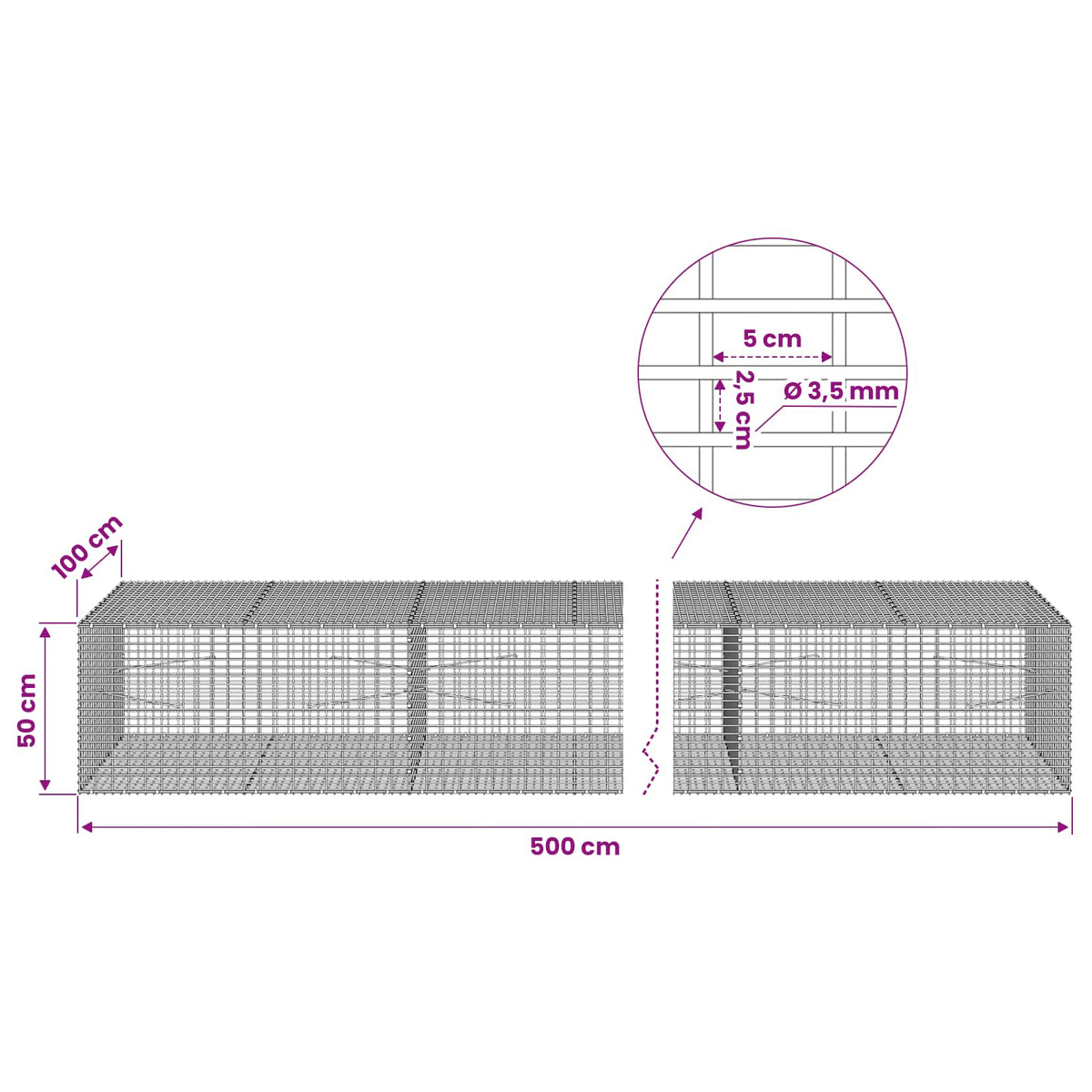 Gabion with 3.5 mm Wire and 5x2.5 cm Mesh 50x100x50 cm 500 cm