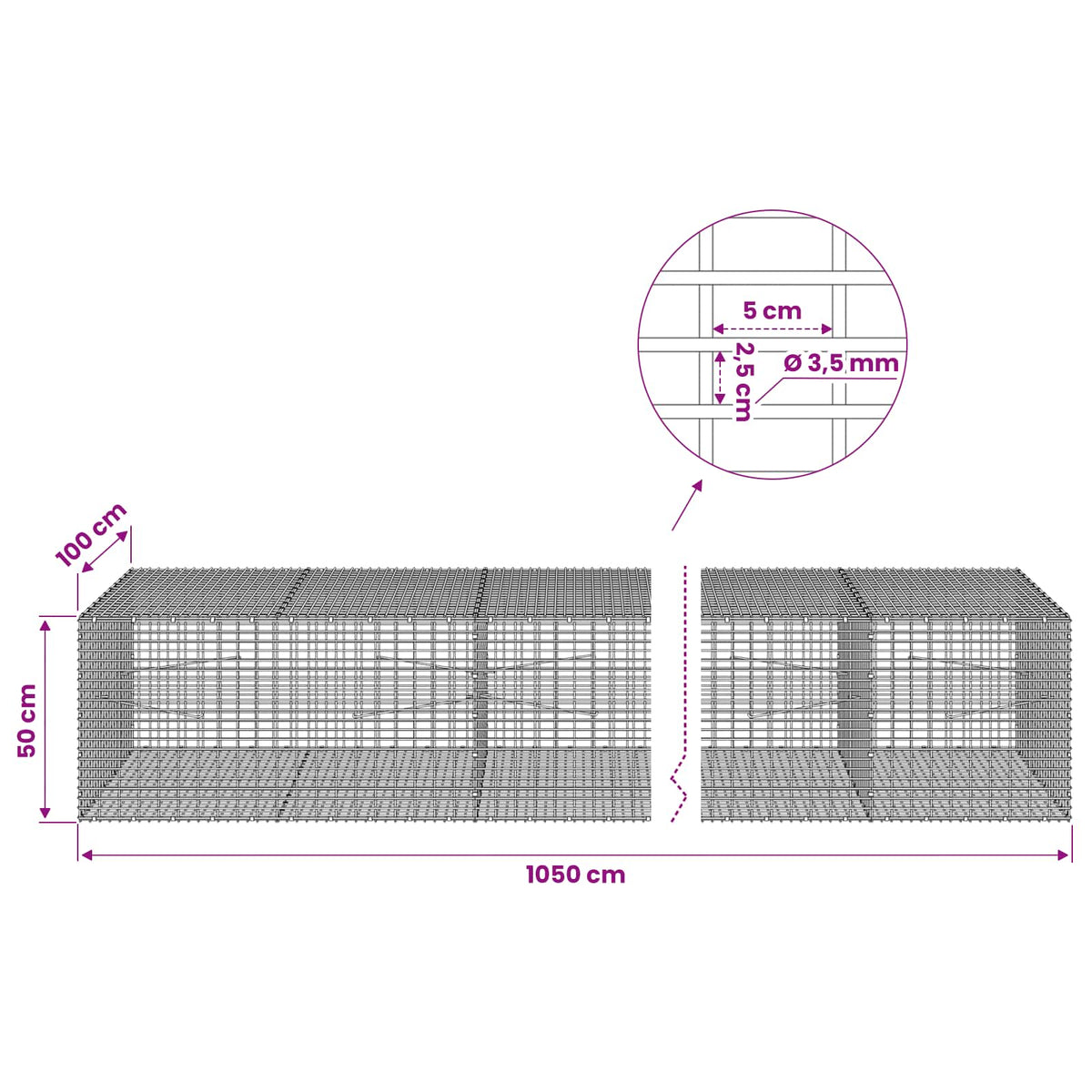 Gabion with 3.5 mm Wire and 5x2.5 cm Mesh 1050x100x50 cm 1050 cm
