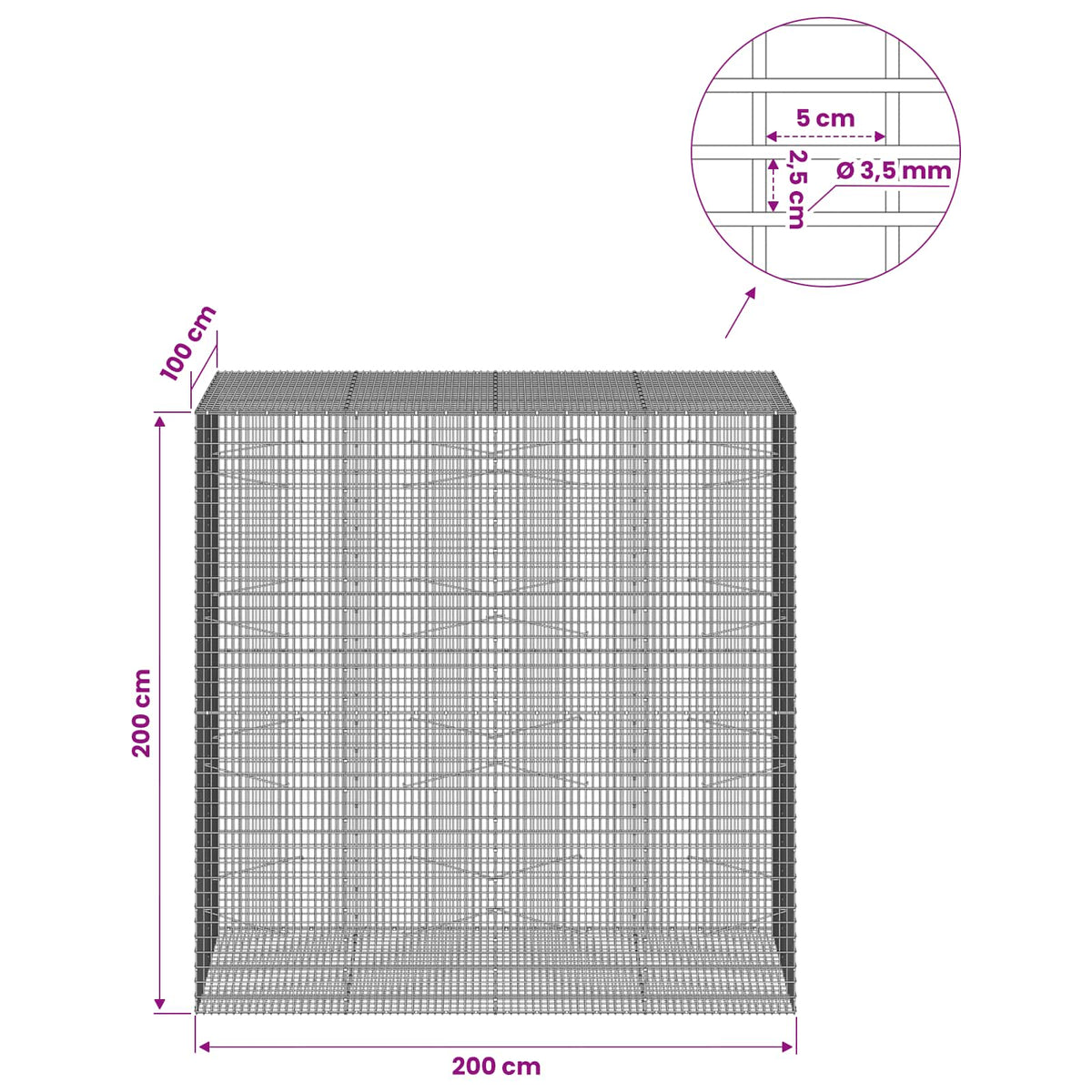 Gabion with 3.5 mm Wire and 5x2.5 cm Mesh 50x100x200 cm 200 cm