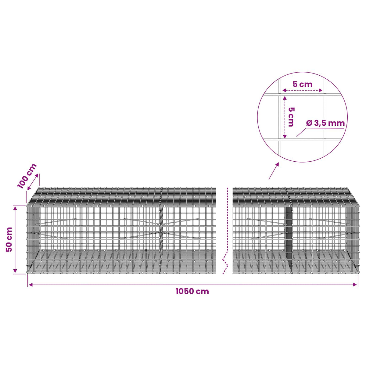 Gabion with 3.5 mm Wire and 5x5 cm Mesh 1050x100x50 cm 1050 cm
