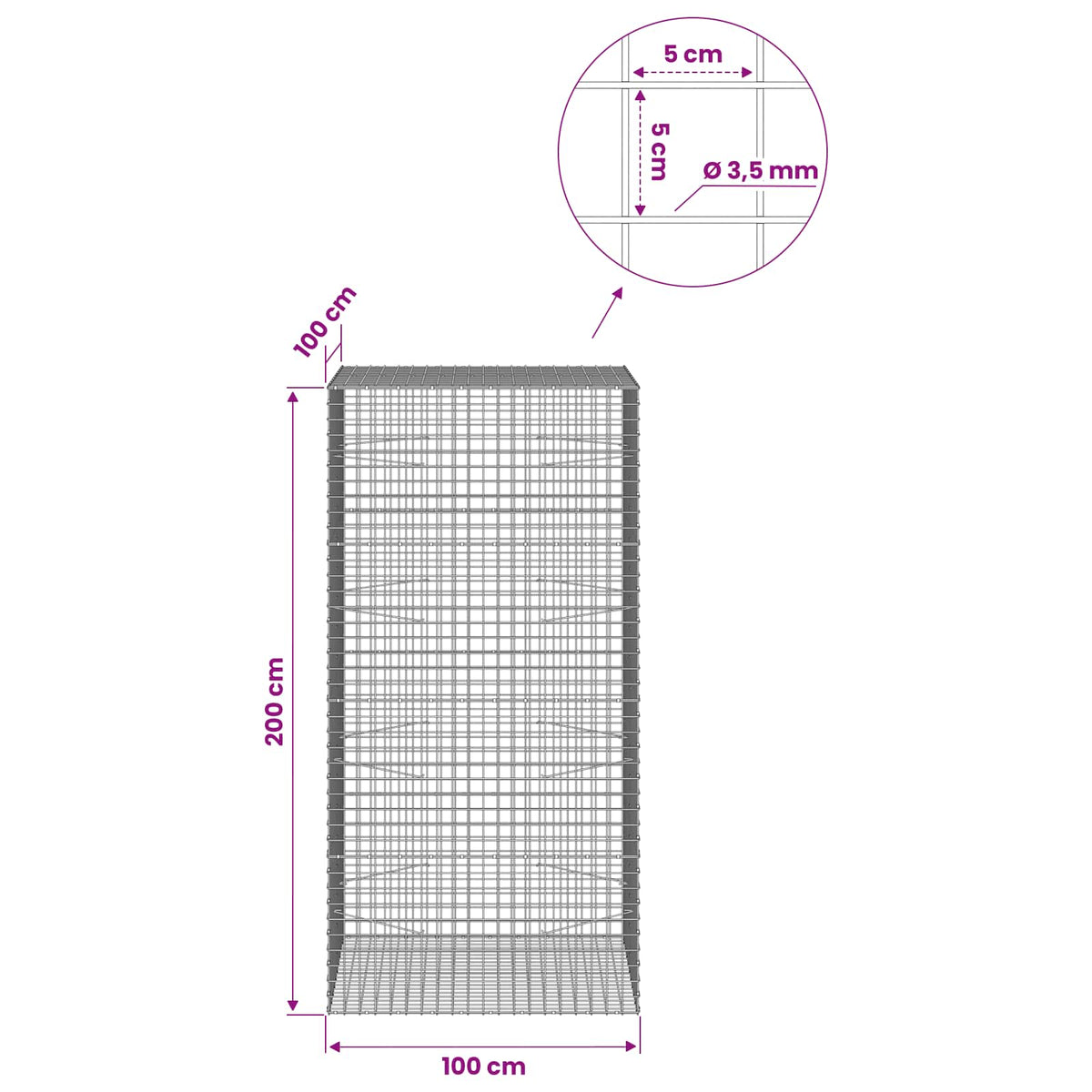 Gabion with 3.5 mm Wire and 5x5 cm Mesh 50x100x200 cm 100 cm