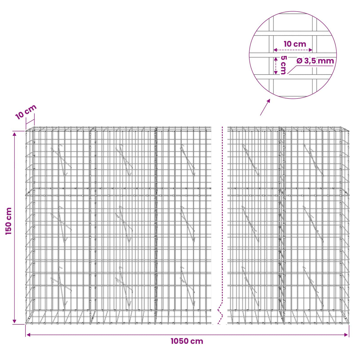 Gabion with 3.5 mm Wire and 5x10 cm Mesh 1050x10x150 cm 1050 cm