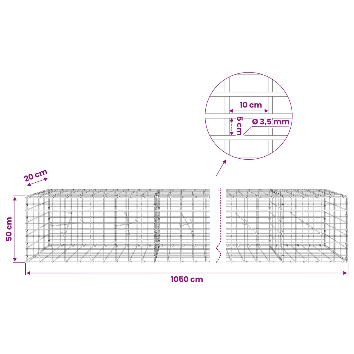 Gabion with 3.5 mm Wire and 5x10 cm Mesh 1050x20x50 cm 1050 cm