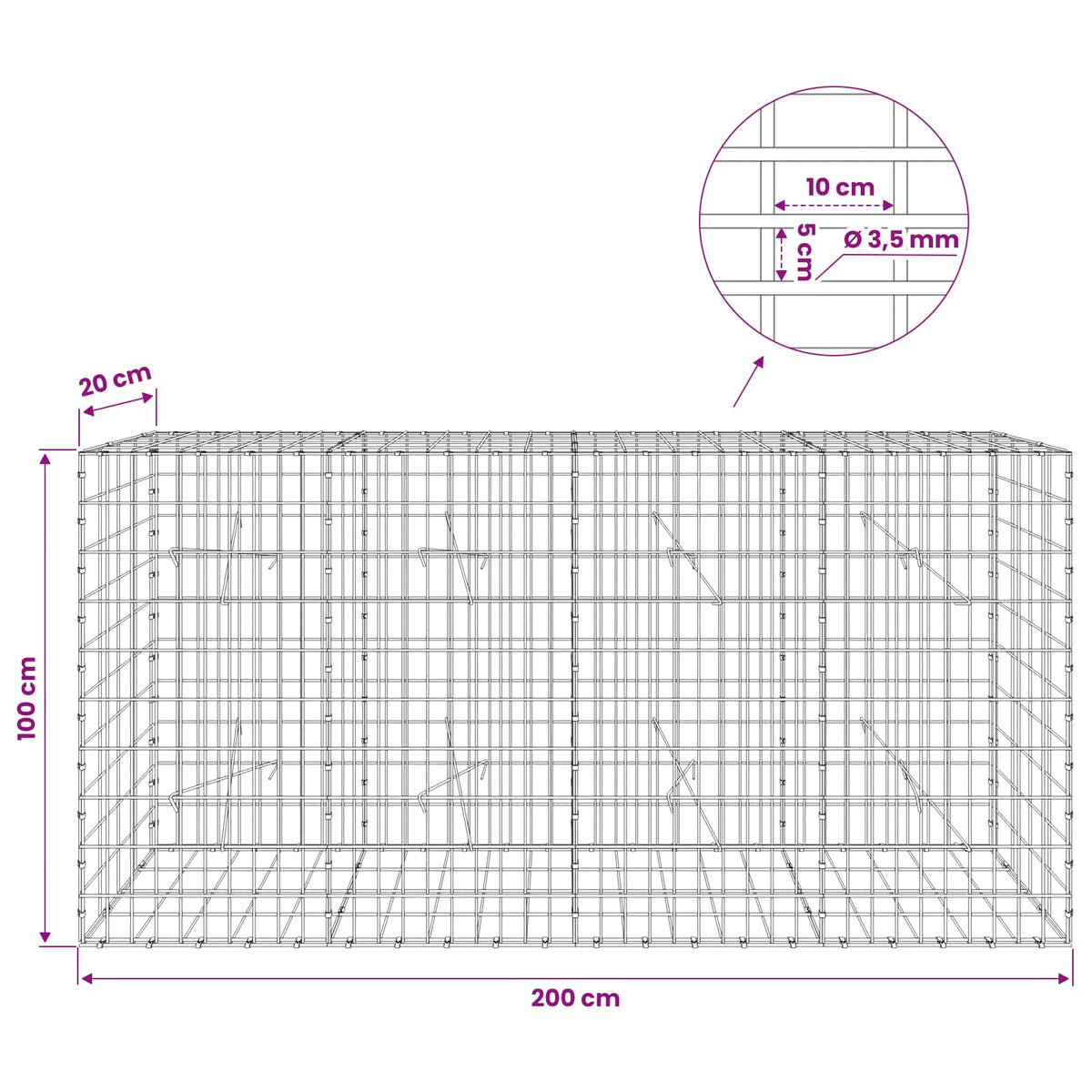 Gabion with 3.5 mm Wire and 5x10 cm Mesh 50x20x100 cm 200 cm