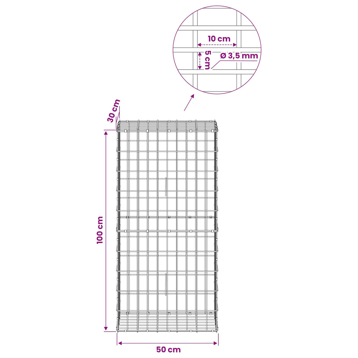 Gabion with 3.5 mm Wire and 5x10 cm Mesh 50x30x100 cm 50 cm