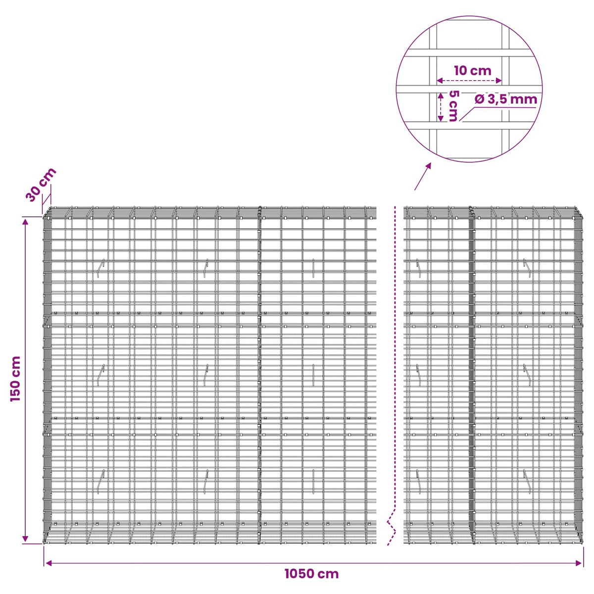 Gabion with 3.5 mm Wire and 5x10 cm Mesh 1050x30x150 cm 1050 cm
