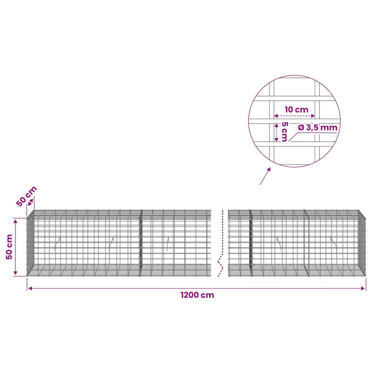 Gabion with 3.5 mm Wire and 5x10 cm Mesh 1050x50x50 cm 1200 cm