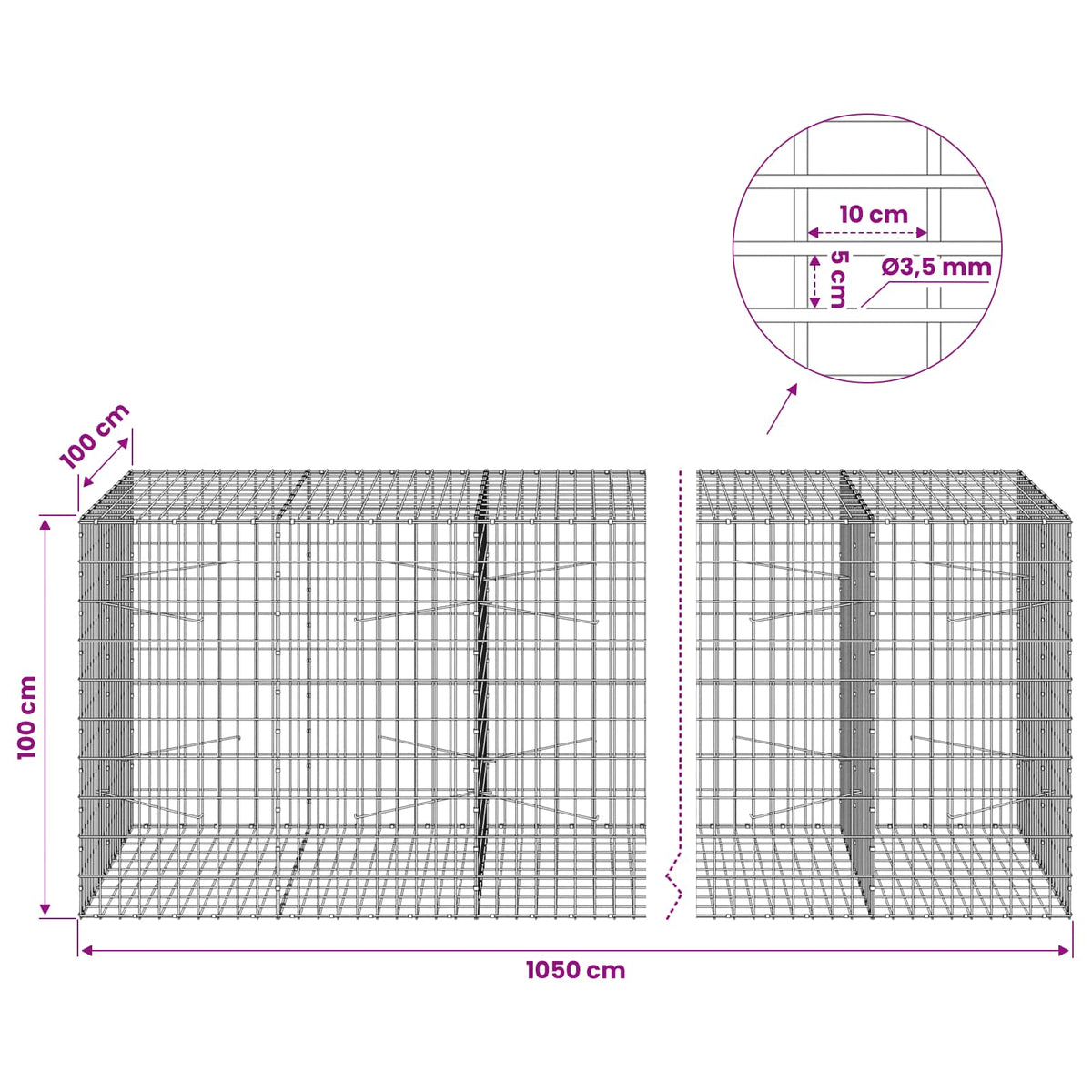 Gabion with 3.5 mm Wire and 5x10 cm Mesh 1050x100x100 cm 1050 cm