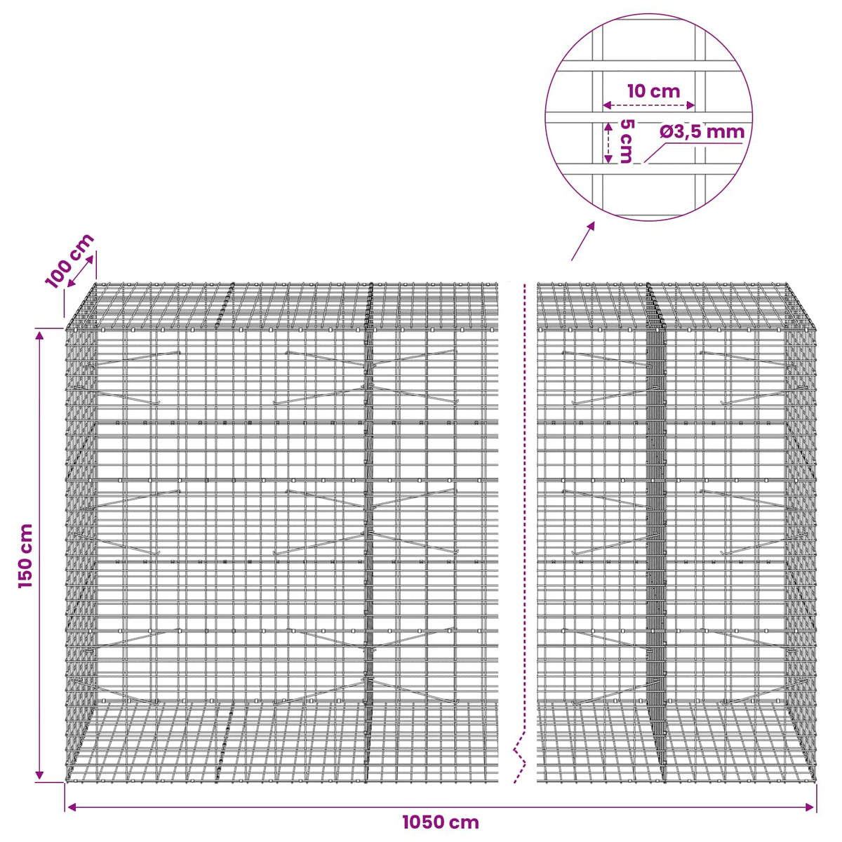 Gabion with 3.5 mm Wire and 5x10 cm Mesh 1050x100x150 cm 1050 cm