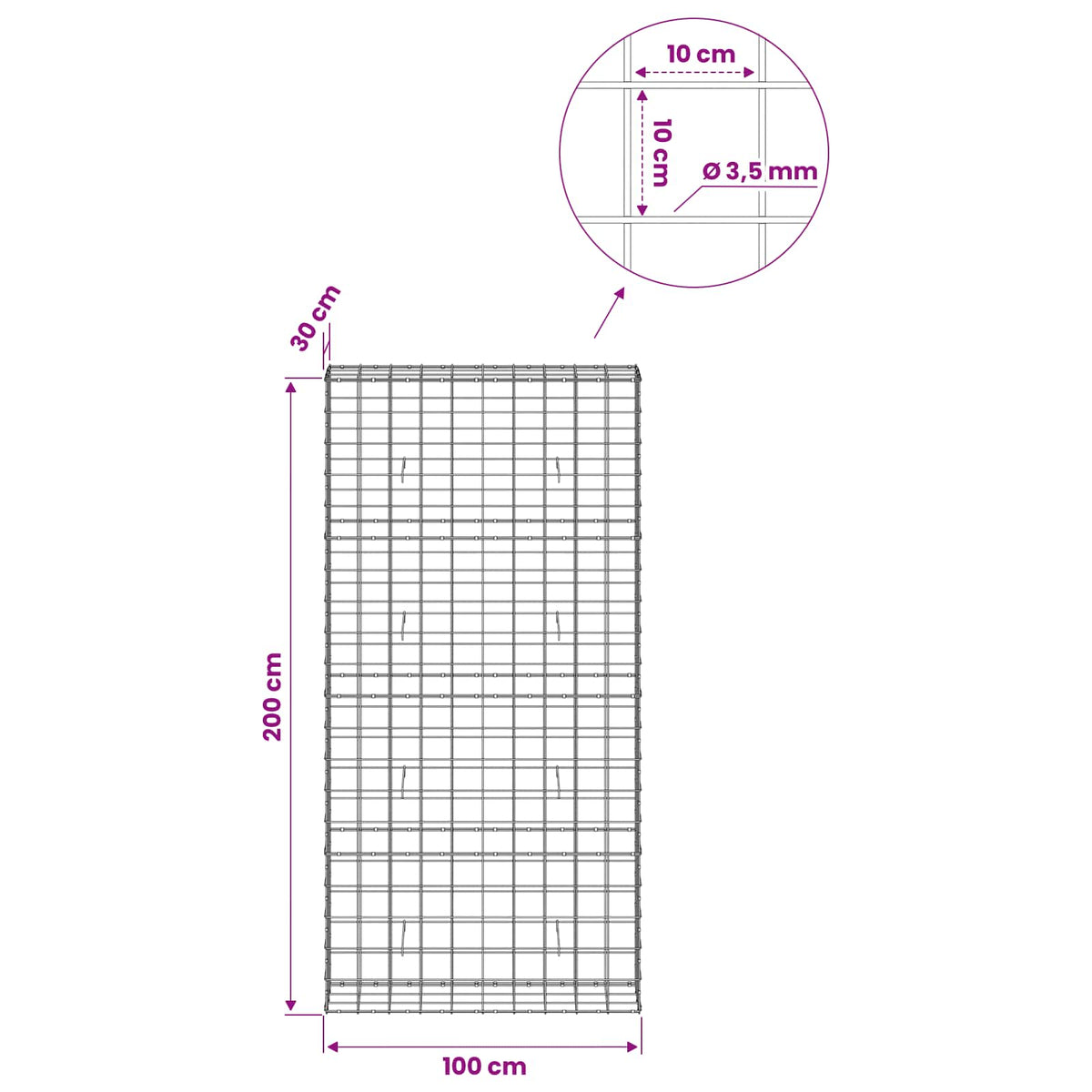 Gabion with 3.5 mm Wire and 10x10 cm Mesh 50x30x200 cm 100 cm