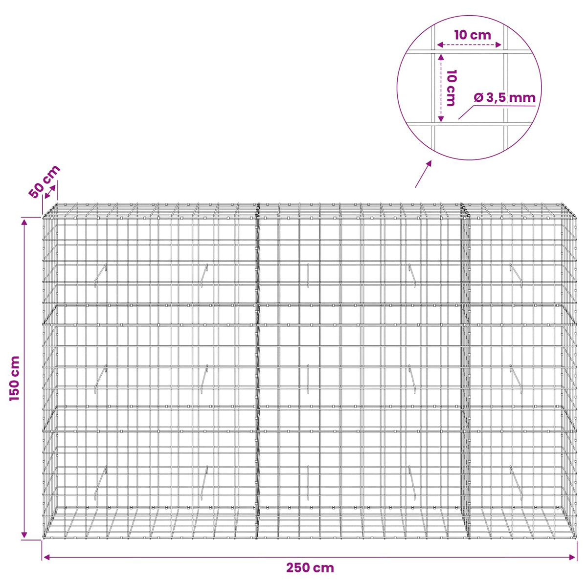 Gabion with 3.5 mm Wire and 10x10 cm Mesh 50x50x150 cm 250 cm