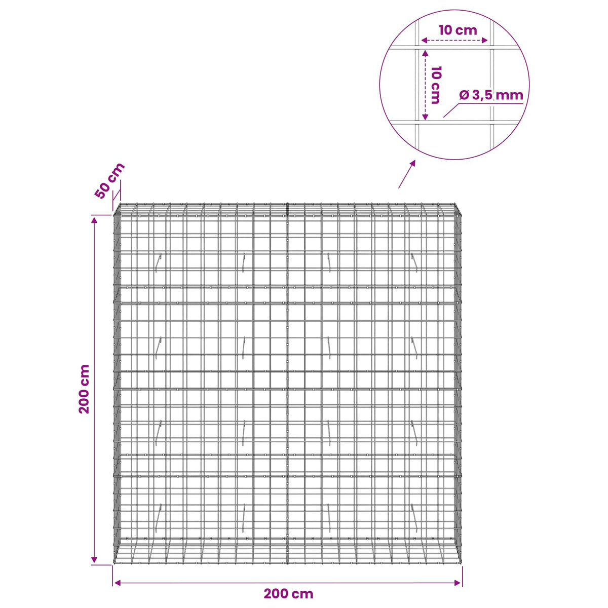 Gabion with 3.5 mm Wire and 10x10 cm Mesh 50x50x200 cm 200 cm