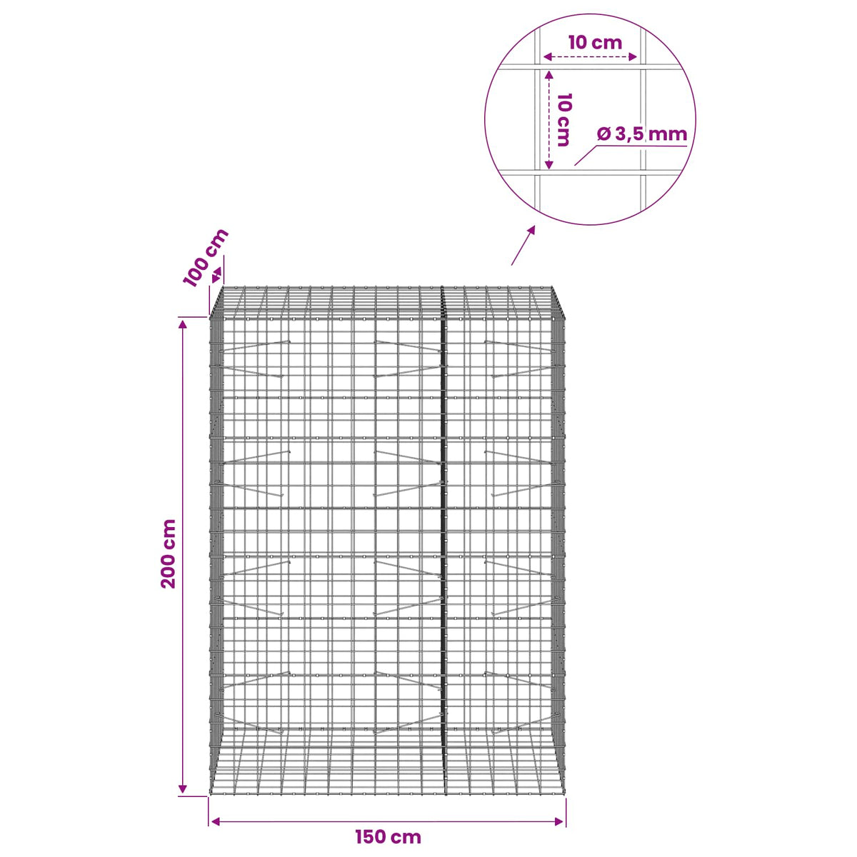 Gabion with 3.5 mm Wire and 10x10 cm Mesh 50x100x200 cm 150 cm