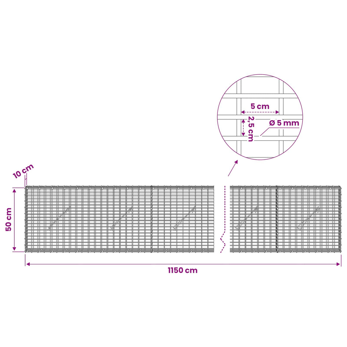 Gabion with 5 mm Wire and 5x2.5 cm Mesh 1150x10x50 cm 1150 cm