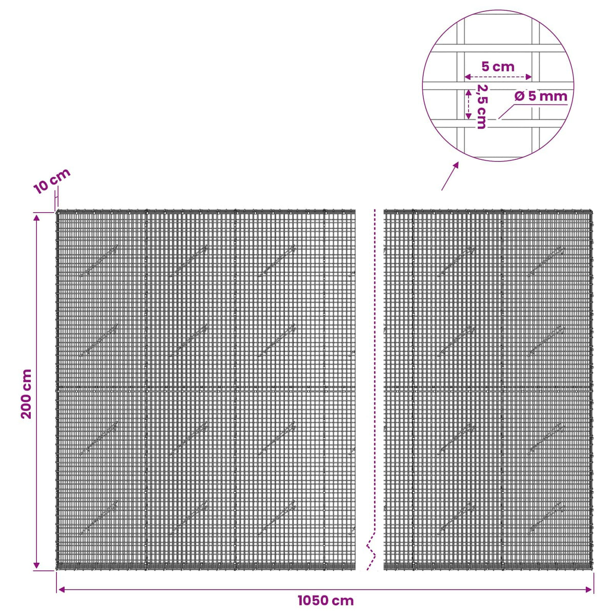 Gabion with 5 mm Wire and 5x2.5 cm Mesh 1050x10x200 cm 1050 cm