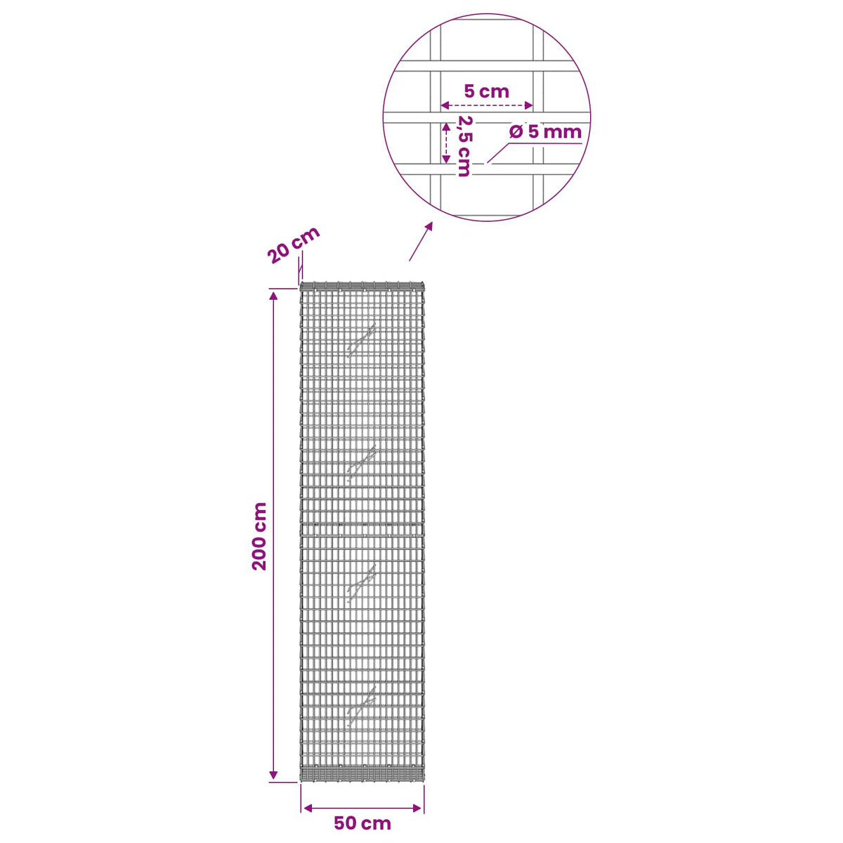 Gabion with 5 mm Wire and 5x2.5 cm Mesh 50x20x200 cm 50 cm
