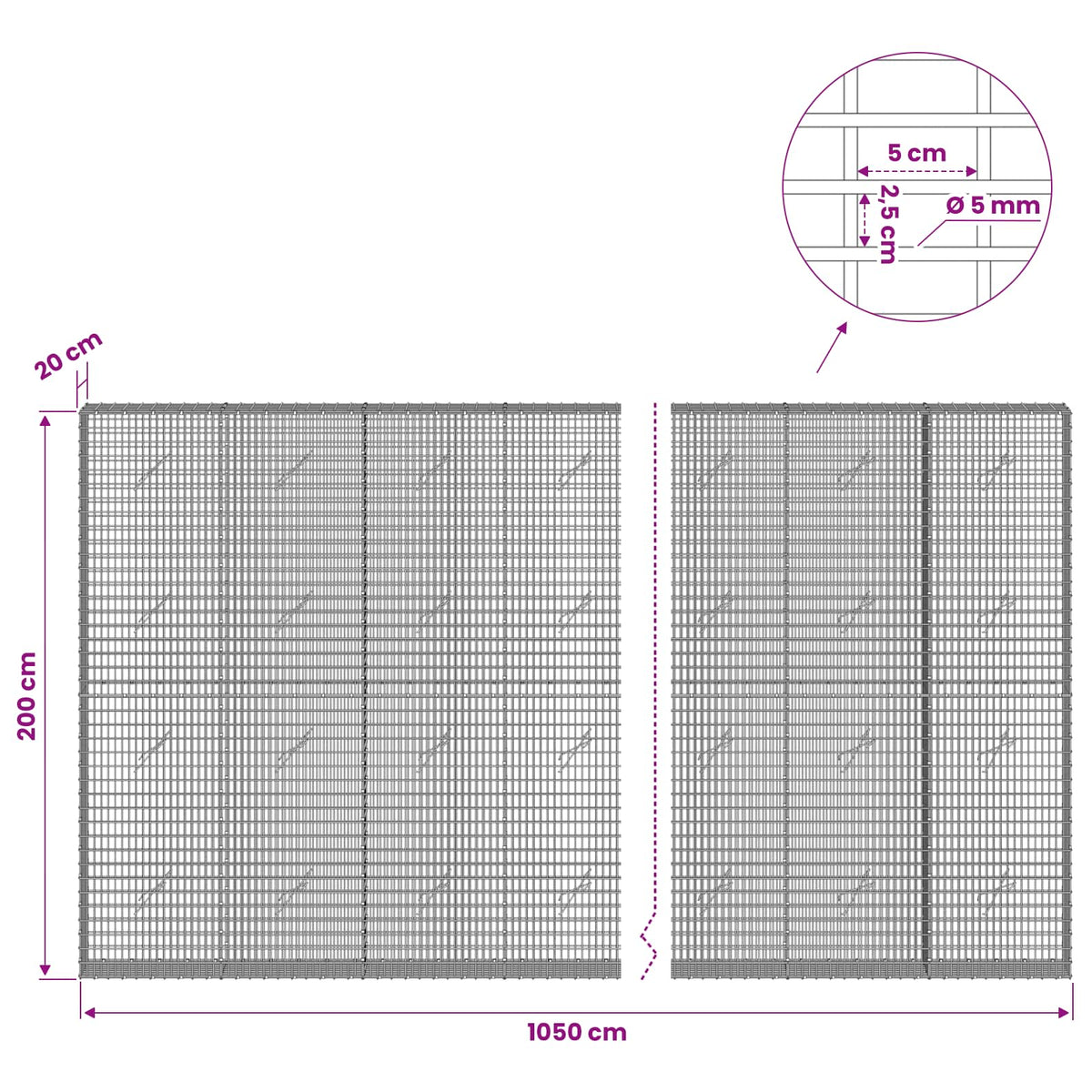 Gabion with 5 mm Wire and 5x2.5 cm Mesh 1050x20x200 cm 1050 cm