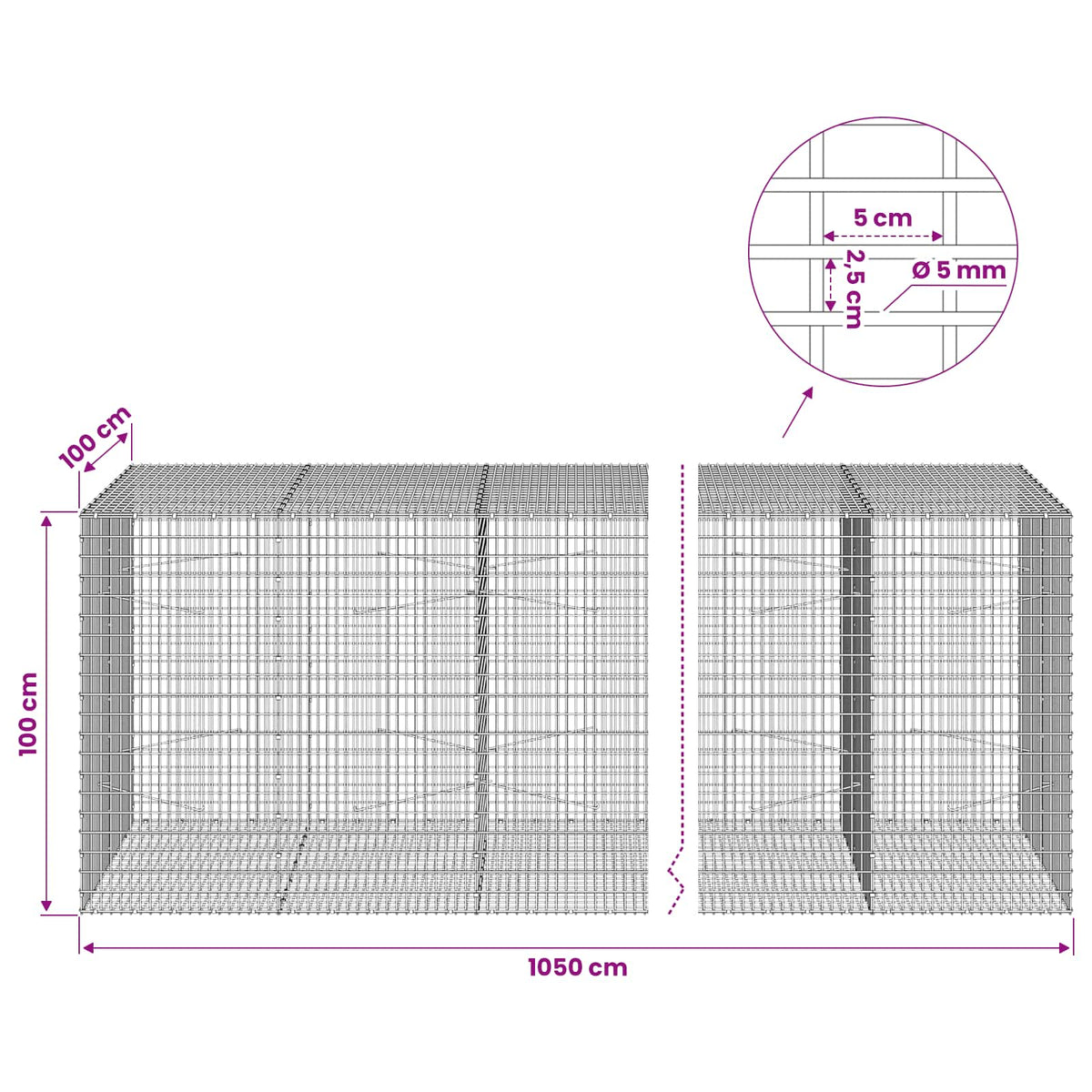 Gabion with 5 mm Wire and 5x2.5 cm Mesh 1050x100x100 cm 1050 cm