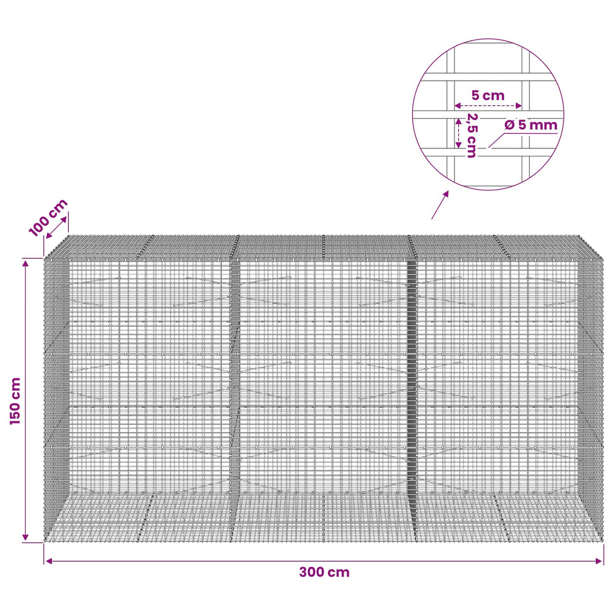 Gabion with 5 mm Wire and 5x2.5 cm Mesh 50x100x150 cm 300 cm