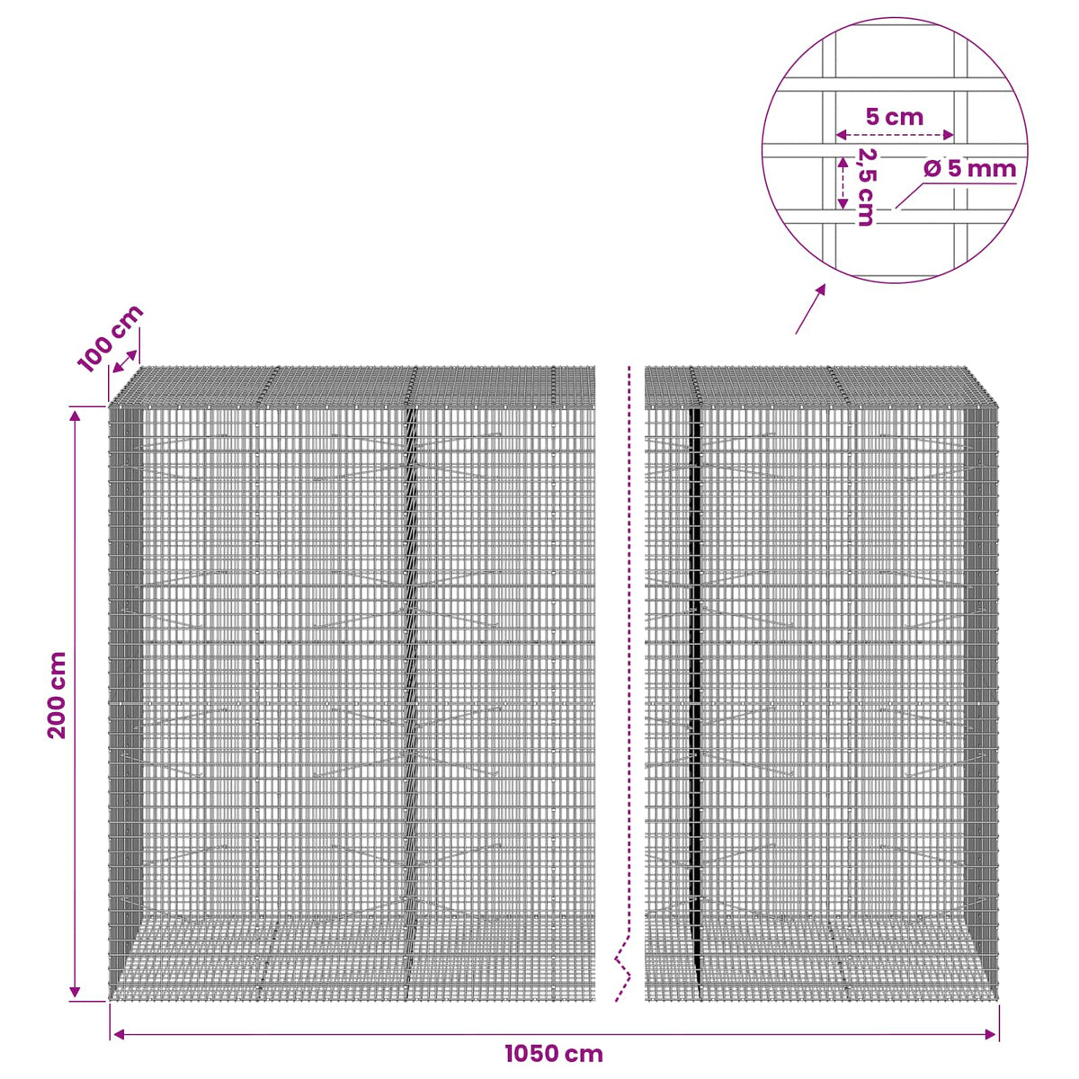 Gabion with 5 mm Wire and 5x2.5 cm Mesh 1050x100x200 cm 1050 cm