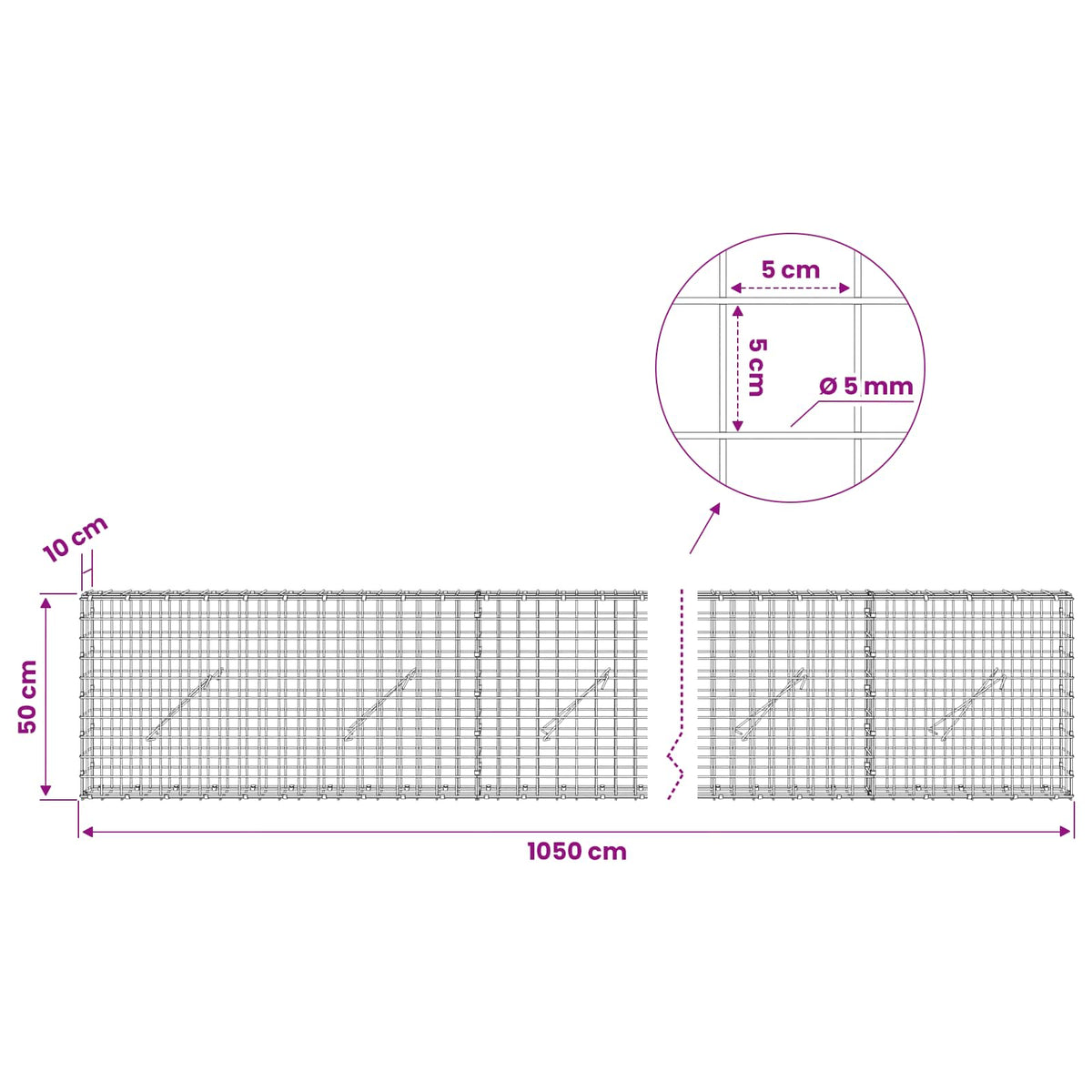 Gabion with 5 mm Wire and 5x5 cm Mesh 1050x10x50 cm 1050 cm