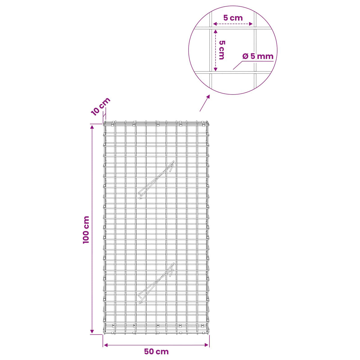 Gabion with 5 mm Wire and 5x5 cm Mesh 50x10x100 cm 50 cm