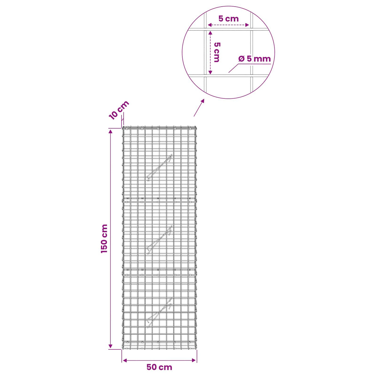 Gabion with 5 mm Wire and 5x5 cm Mesh 50x10x150 cm 50 cm