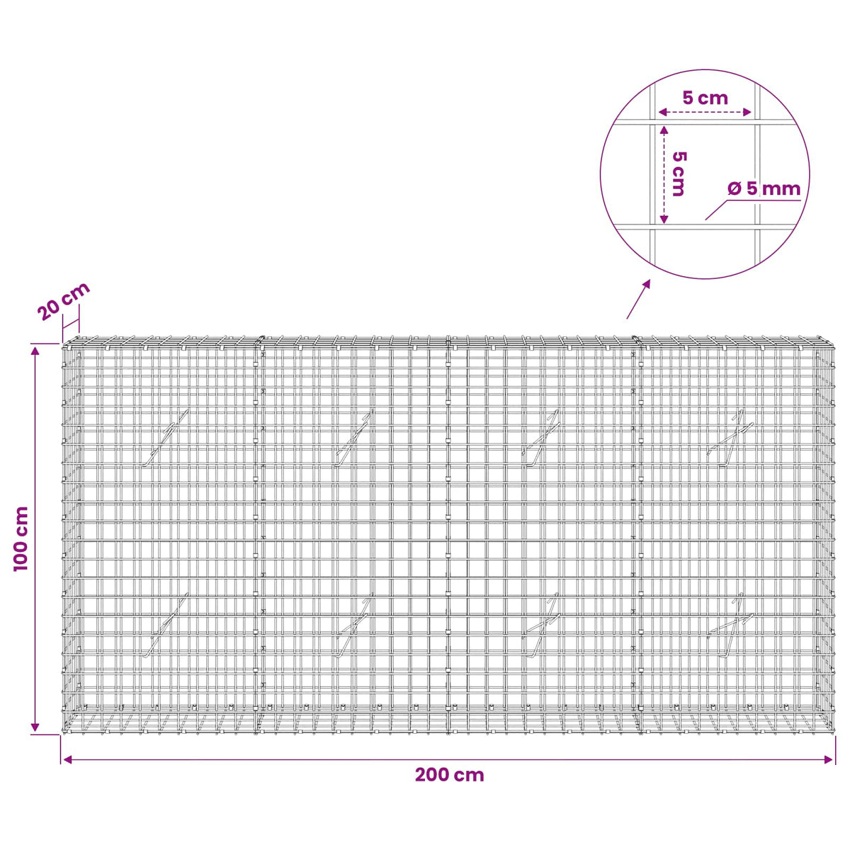 Gabion with 5 mm Wire and 5x5 cm Mesh 50x20x100 cm 200 cm