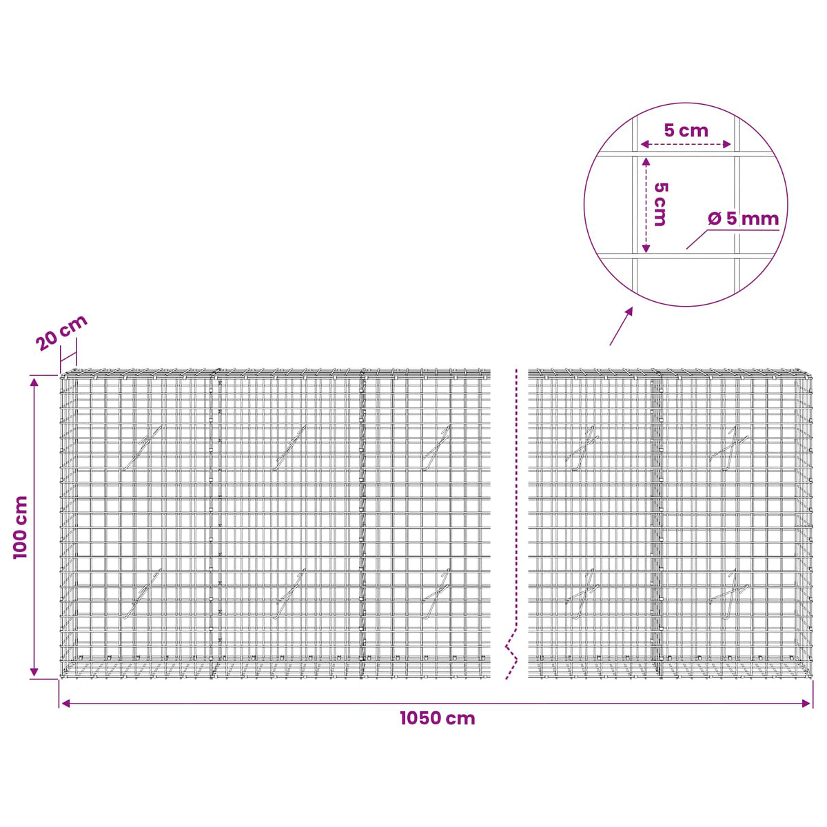 Gabion with 5 mm Wire and 5x5 cm Mesh 1050x20x100 cm 1050 cm