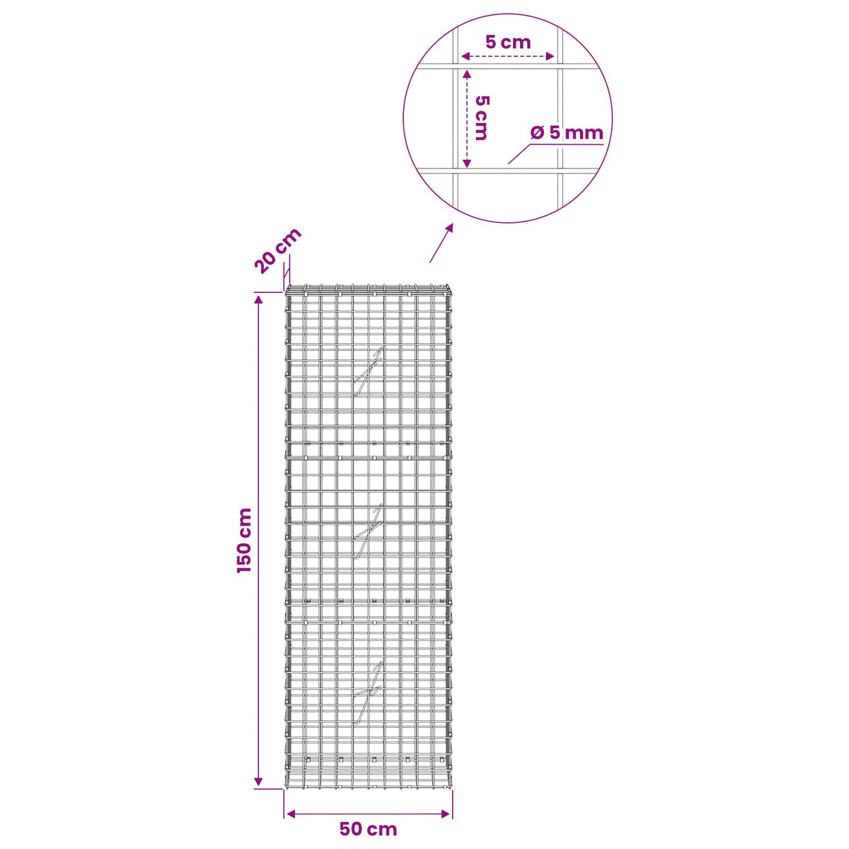Gabion with 5 mm Wire and 5x5 cm Mesh 50x20x150 cm 50 cm