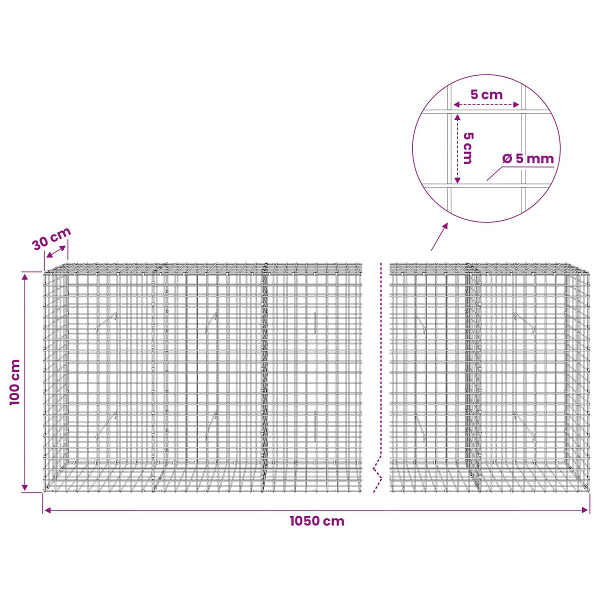 Gabion with 5 mm Wire and 5x5 cm Mesh 1050x30x100 cm 1050 cm